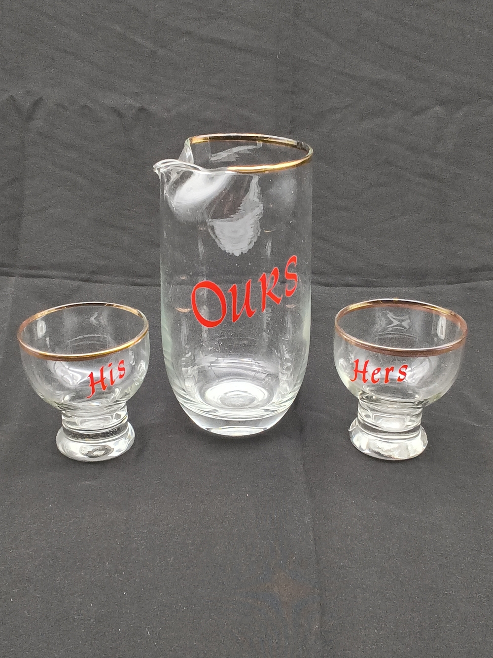 Vintage MCM "His, Hers, Ours" Cocktail Set – Gold Rim & Red